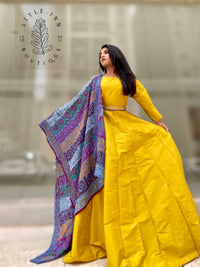 Vibrant Mustard Yellow Gown and printed Indigo contrast Dupatta