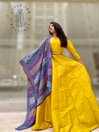 Yellow Color Art Silk Fabric Engaging Savvy Suri Anarkali Suit With Contrast  Dupatta