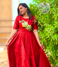 Long Red dress with Floral Painting