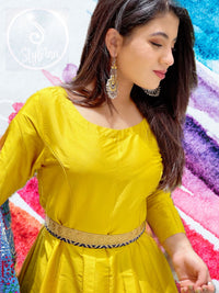 Vibrant Mustard Yellow Gown and printed Indigo contrast Dupatta